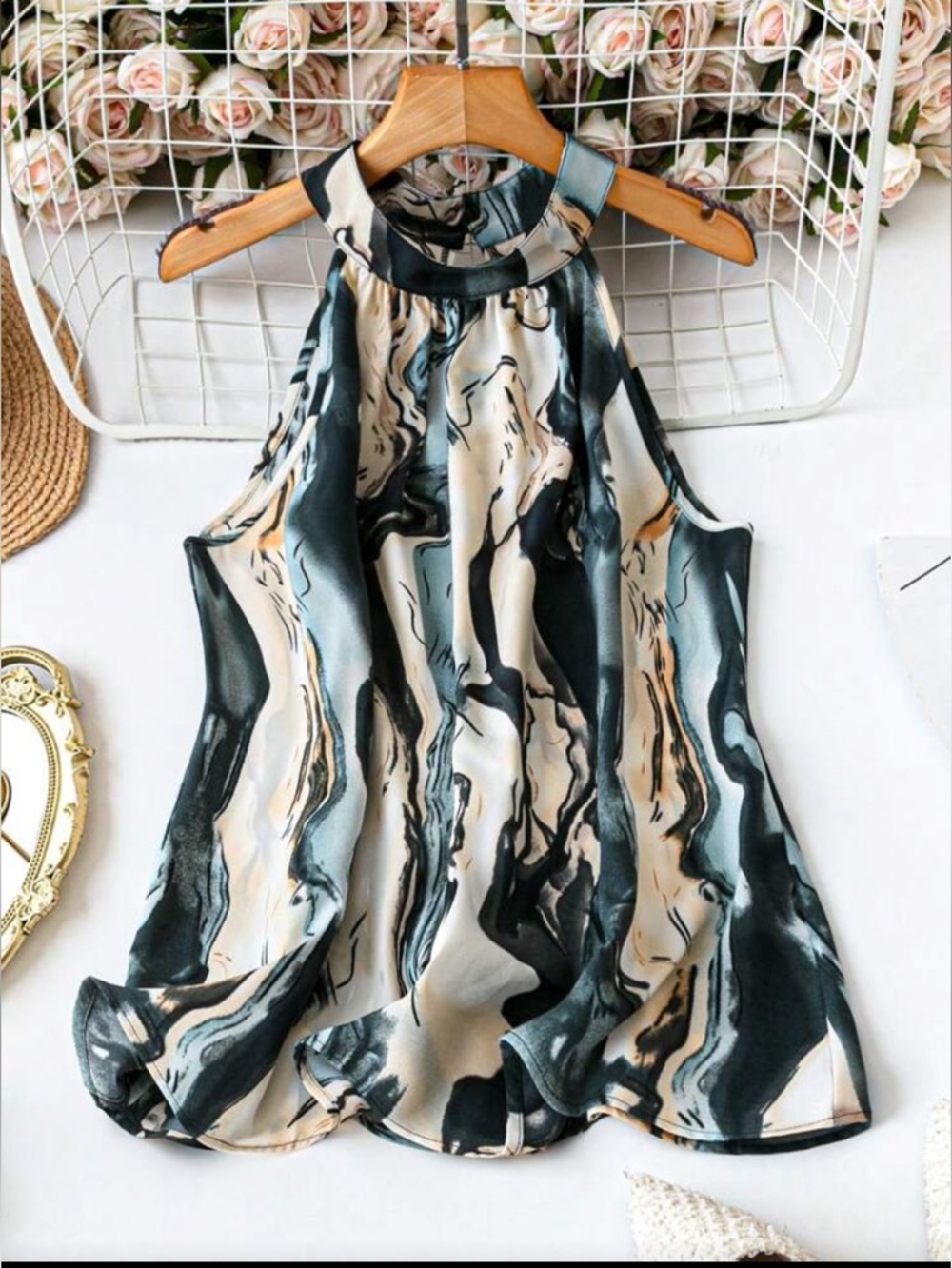 Plus Size Casual Loose Fit Marble Printing Halter Neck Shirt Top Blouse